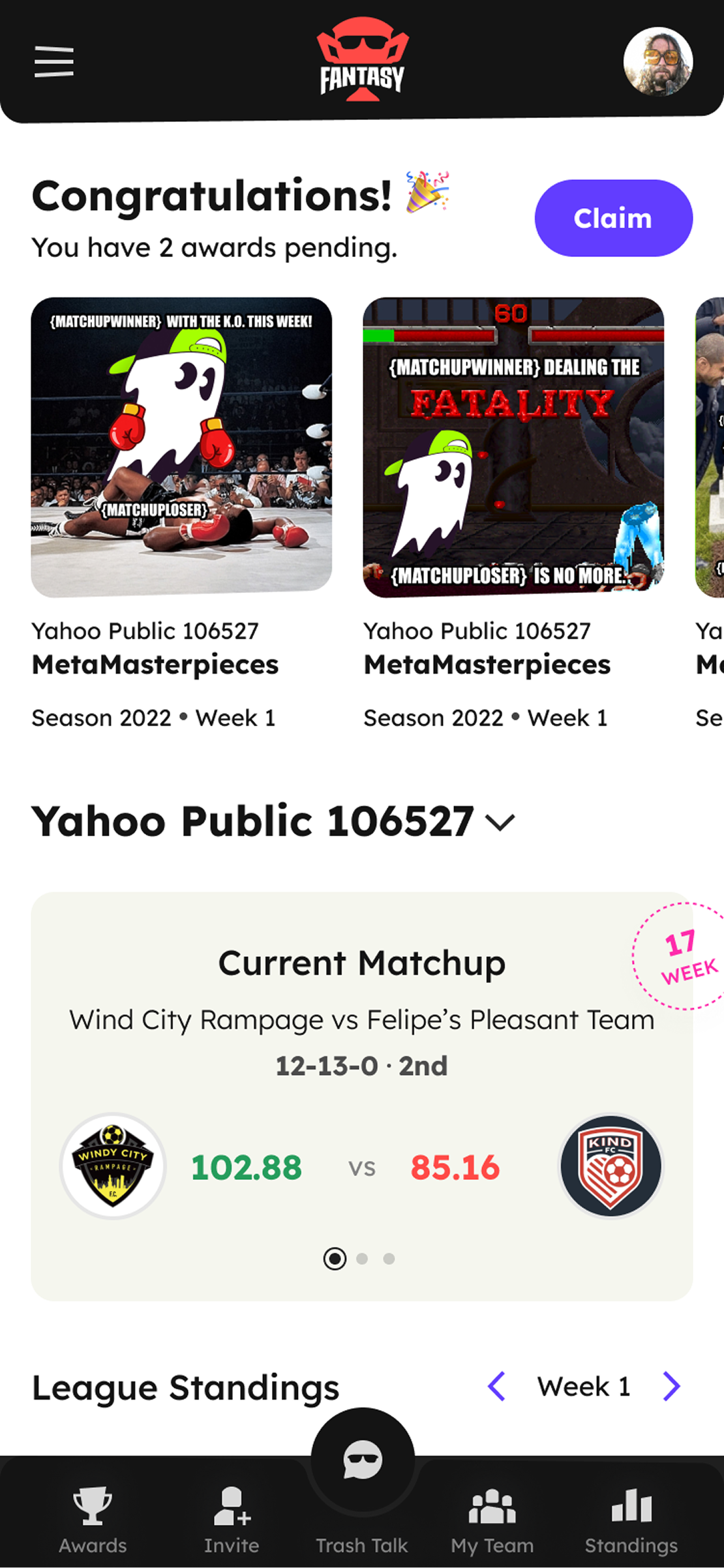 Current matchup and awards